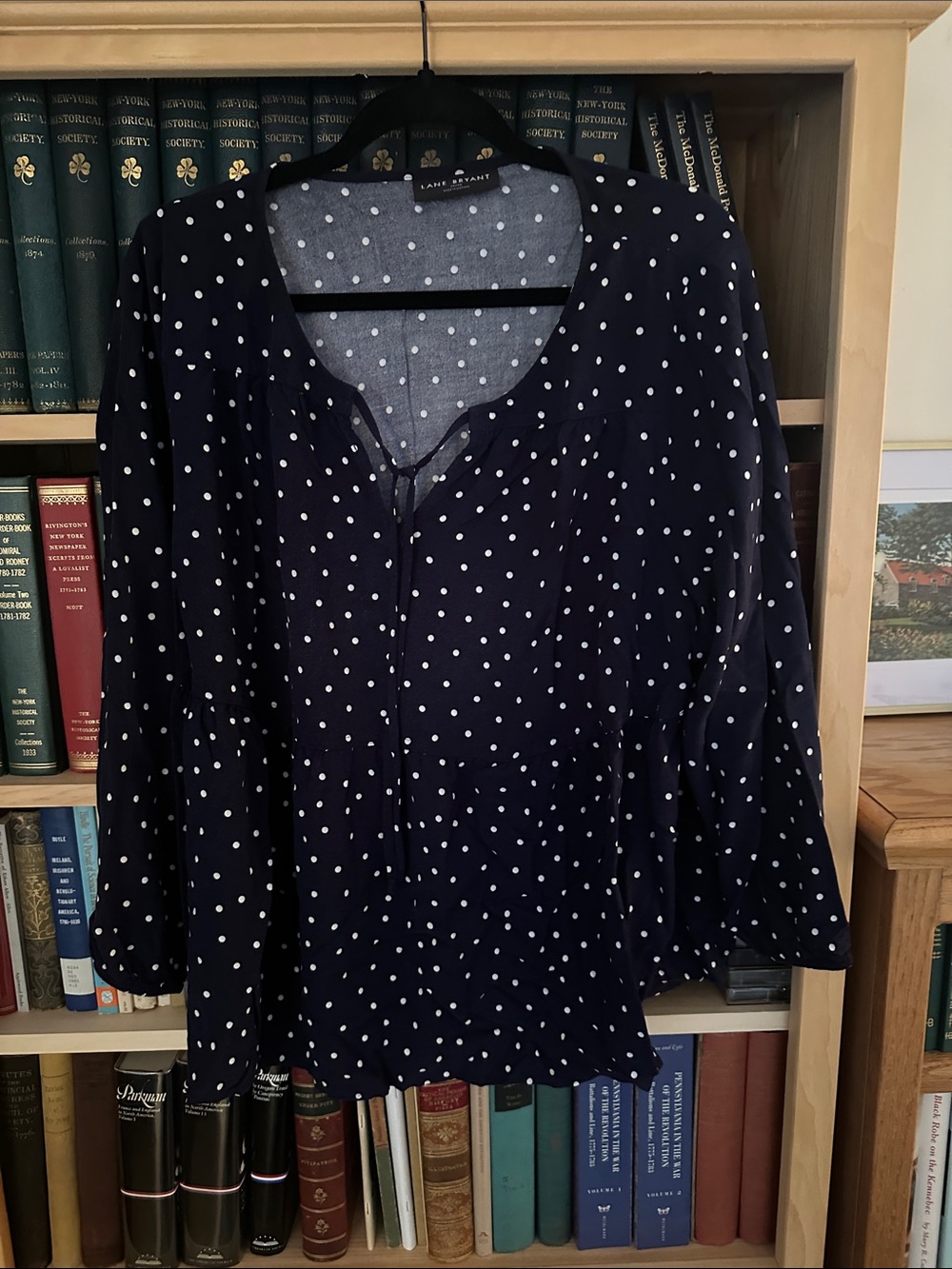 Lane Bryant Navy and White Polka Dot Peasant Blouse